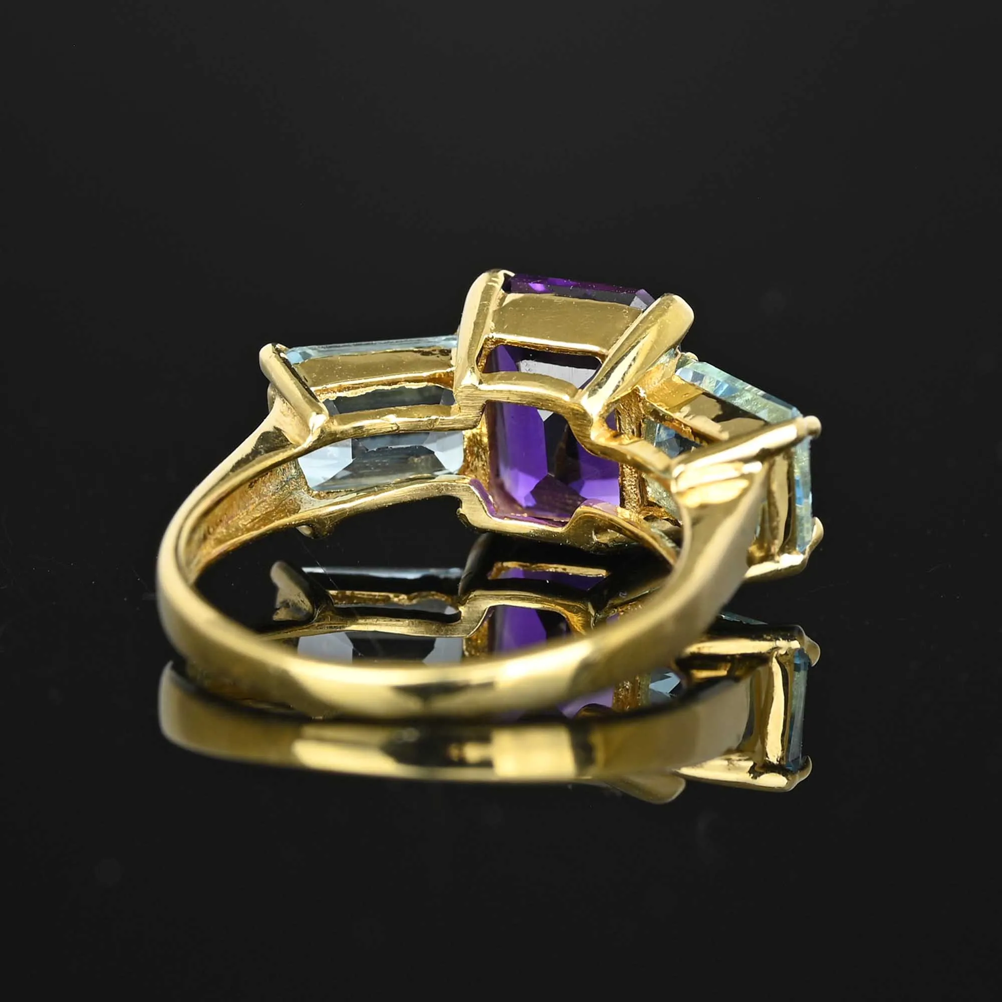 Vintage Emerald Cut Blue Topaz Amethyst Ring in 14K Gold