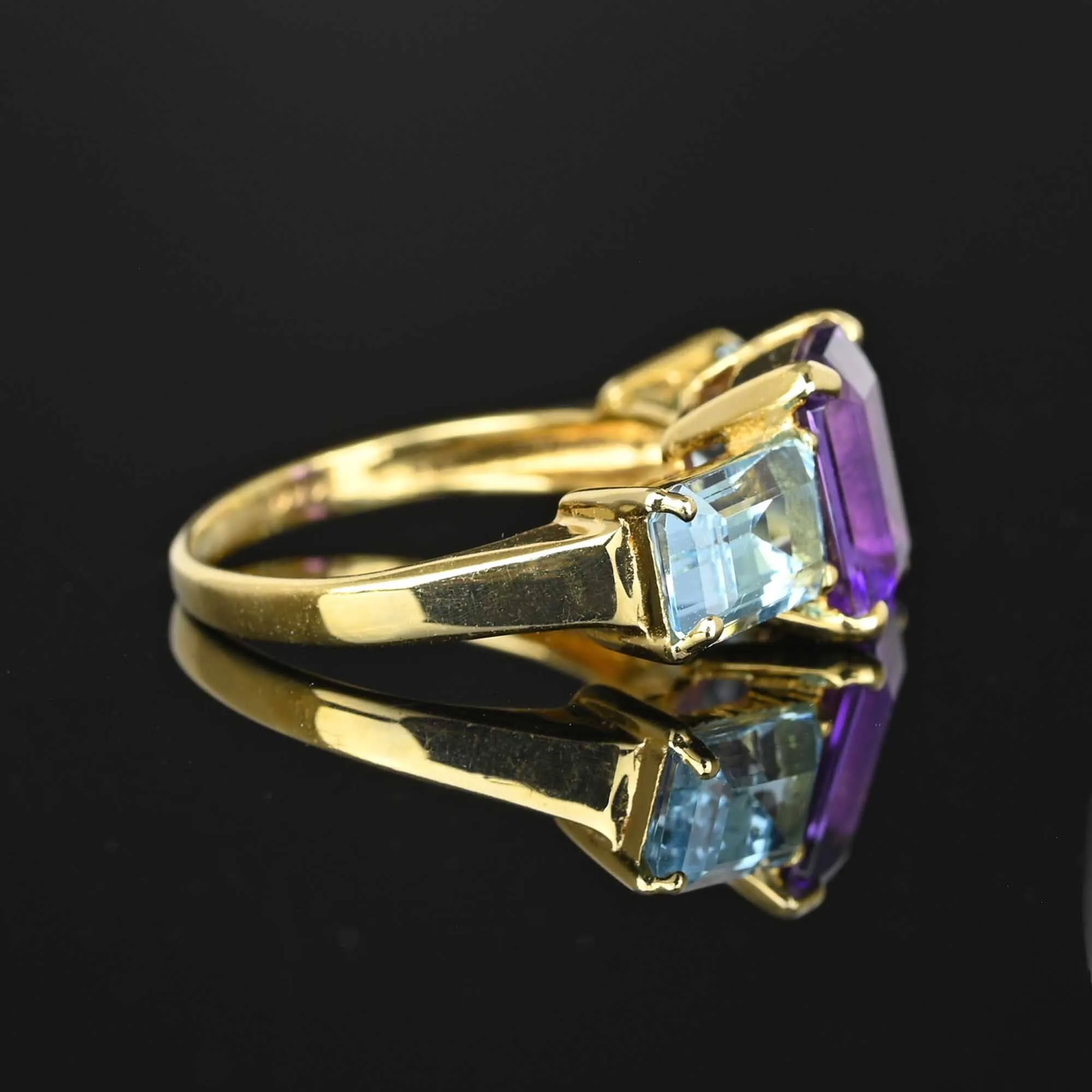 Vintage Emerald Cut Blue Topaz Amethyst Ring in 14K Gold