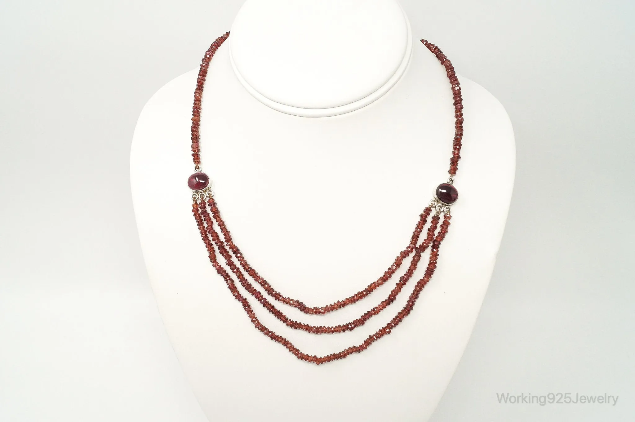 Vintage Garnet Bali Style Bead Strand Sterling Silver Necklace