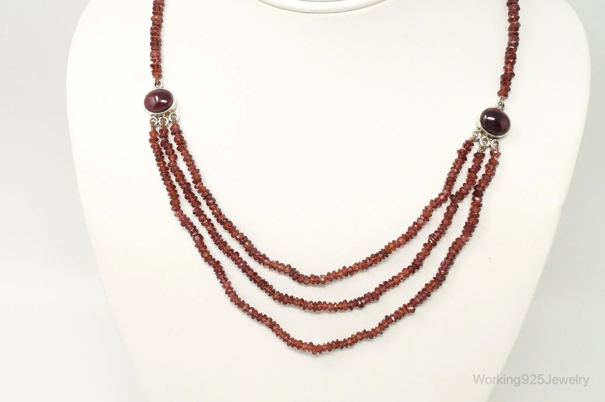 Vintage Garnet Bali Style Bead Strand Sterling Silver Necklace