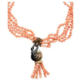 Vintage Pre-owned 18K Yellow Gold Diamond and Angel Coral Bead Tassel Necklace