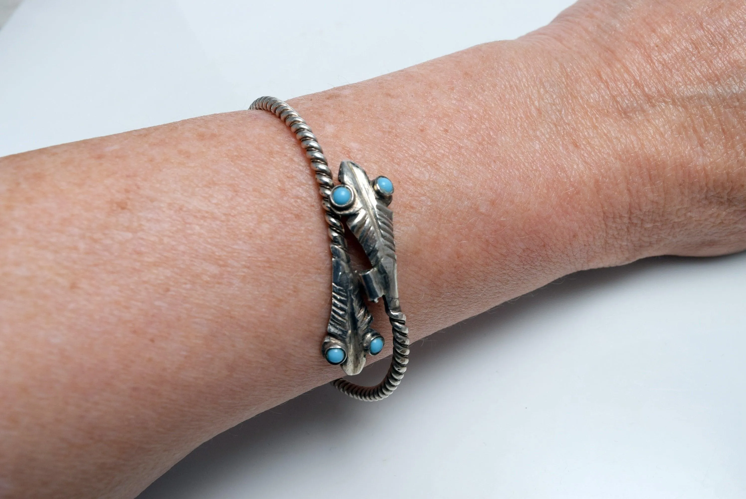 Vintage Silver Egyptian Double Snake Head Bracelet with Turquoise Eyes