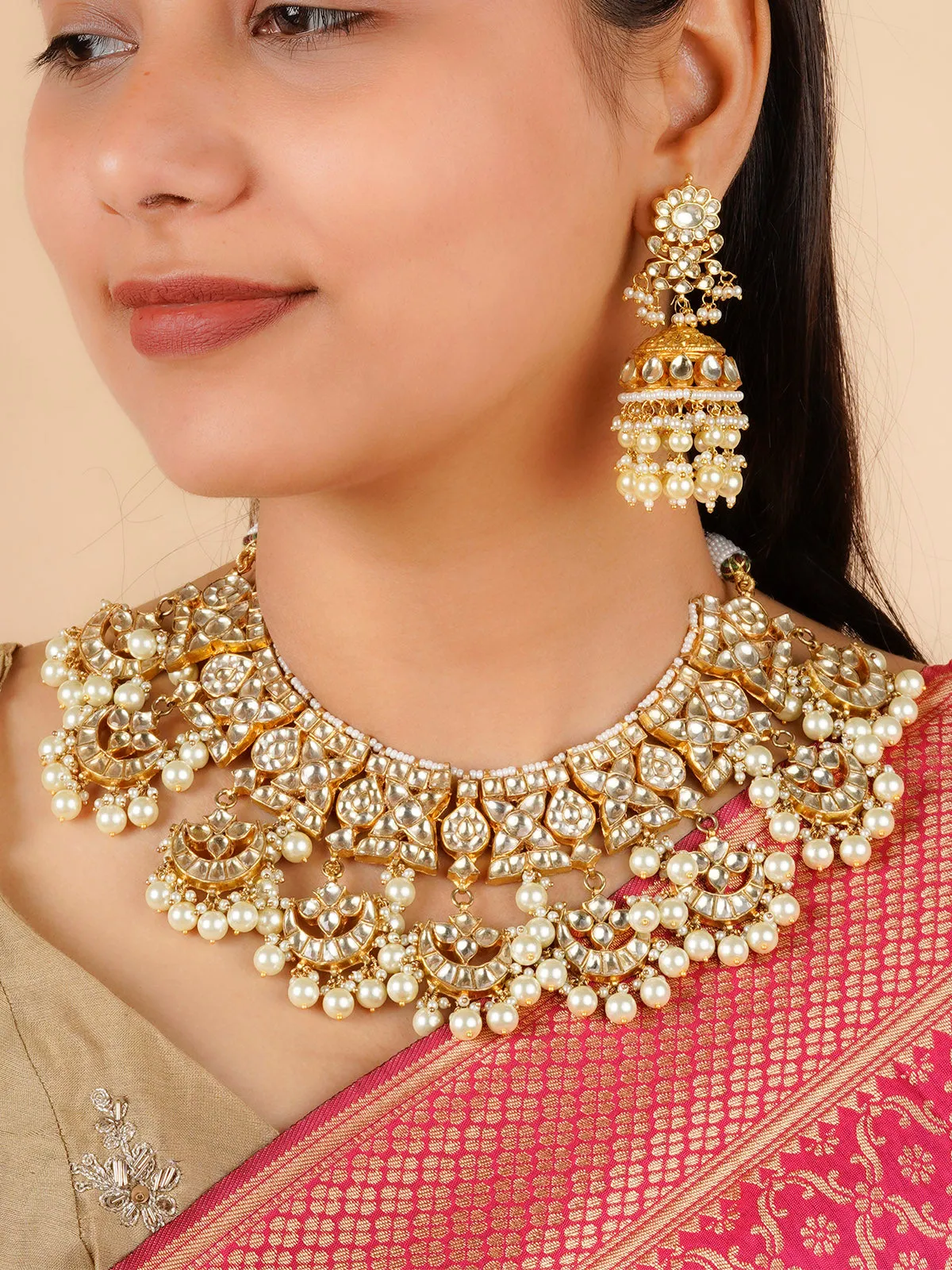 White Color Gold Plated Jadau Kundan Necklace Set - MS1883