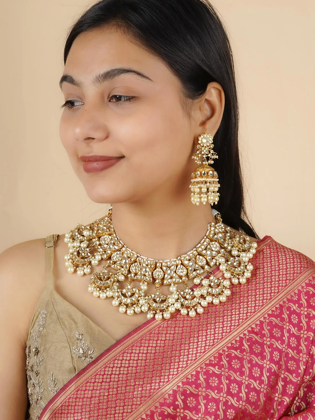 White Color Gold Plated Jadau Kundan Necklace Set - MS1883