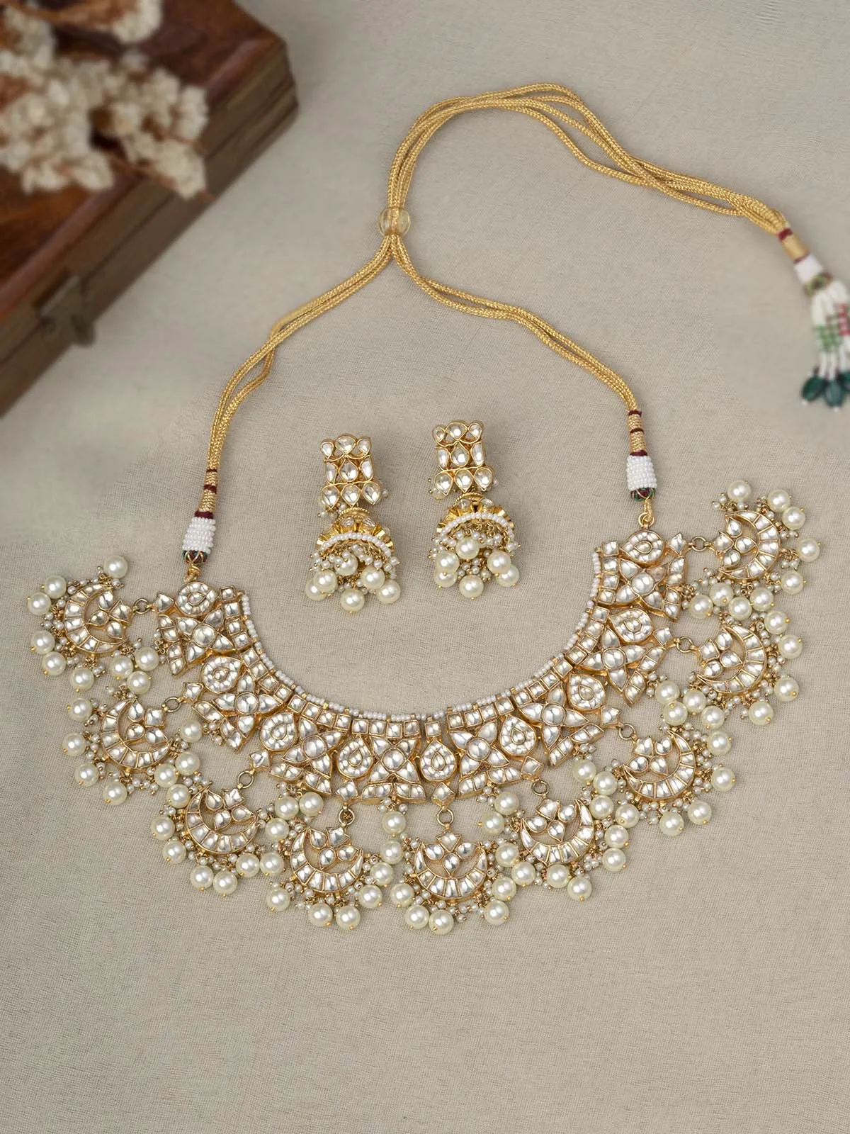 White Color Gold Plated Jadau Kundan Necklace Set - MS1883