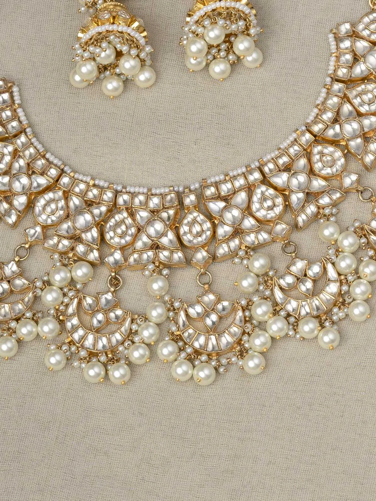 White Color Gold Plated Jadau Kundan Necklace Set - MS1883