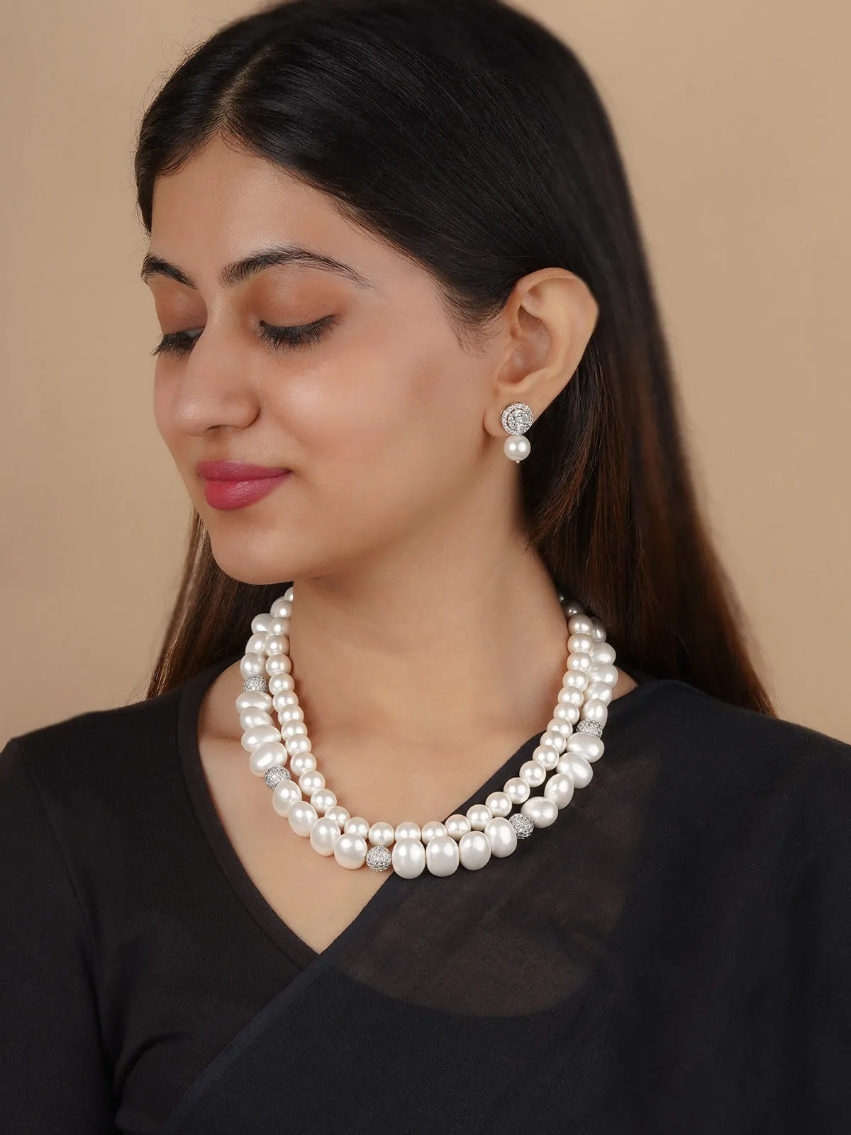 White Color Silver Plated Costume Necklace Set - CSTS5