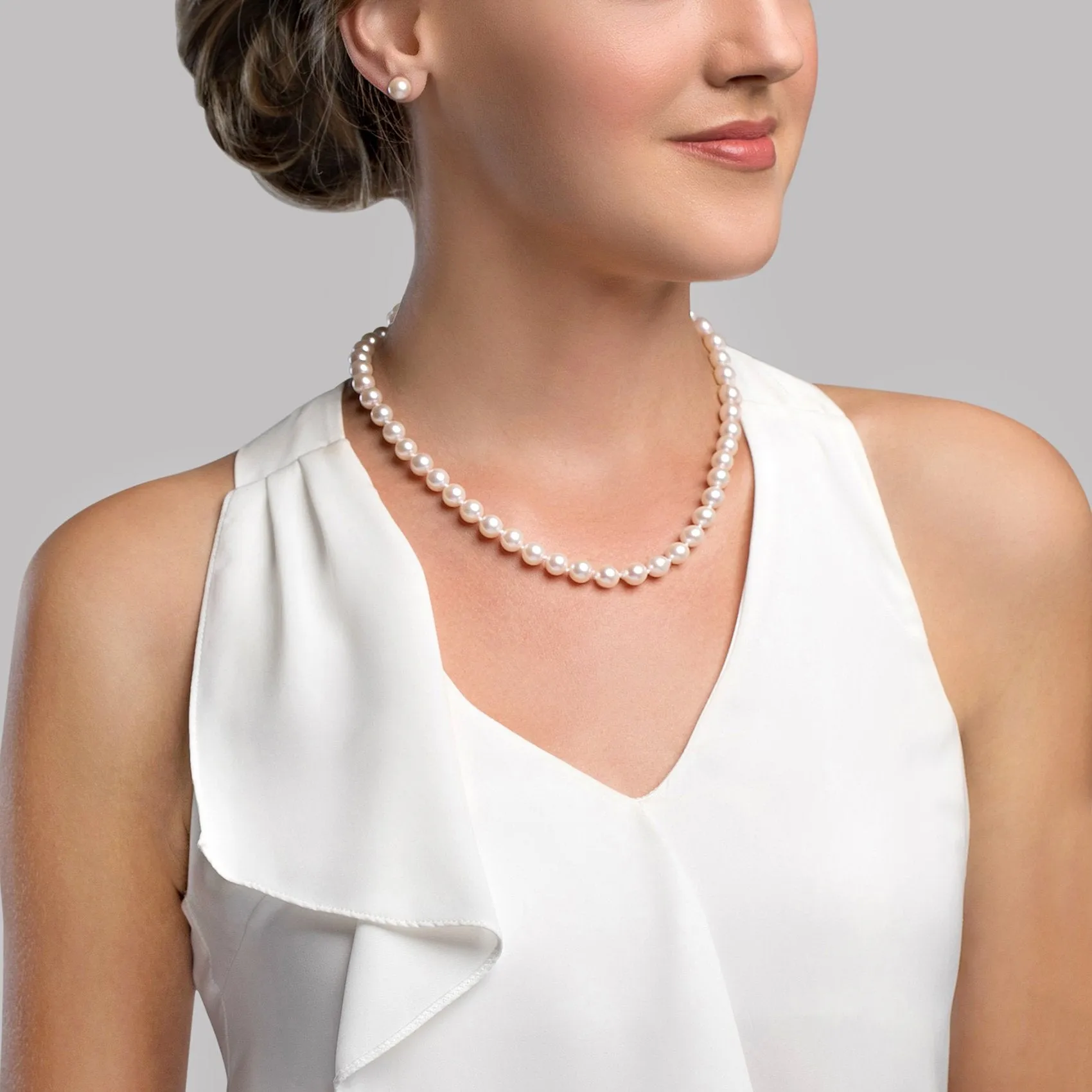 White Japanese Akoya Pearl Necklace & Earring 2-Piece Set, 8.5-9.0mm