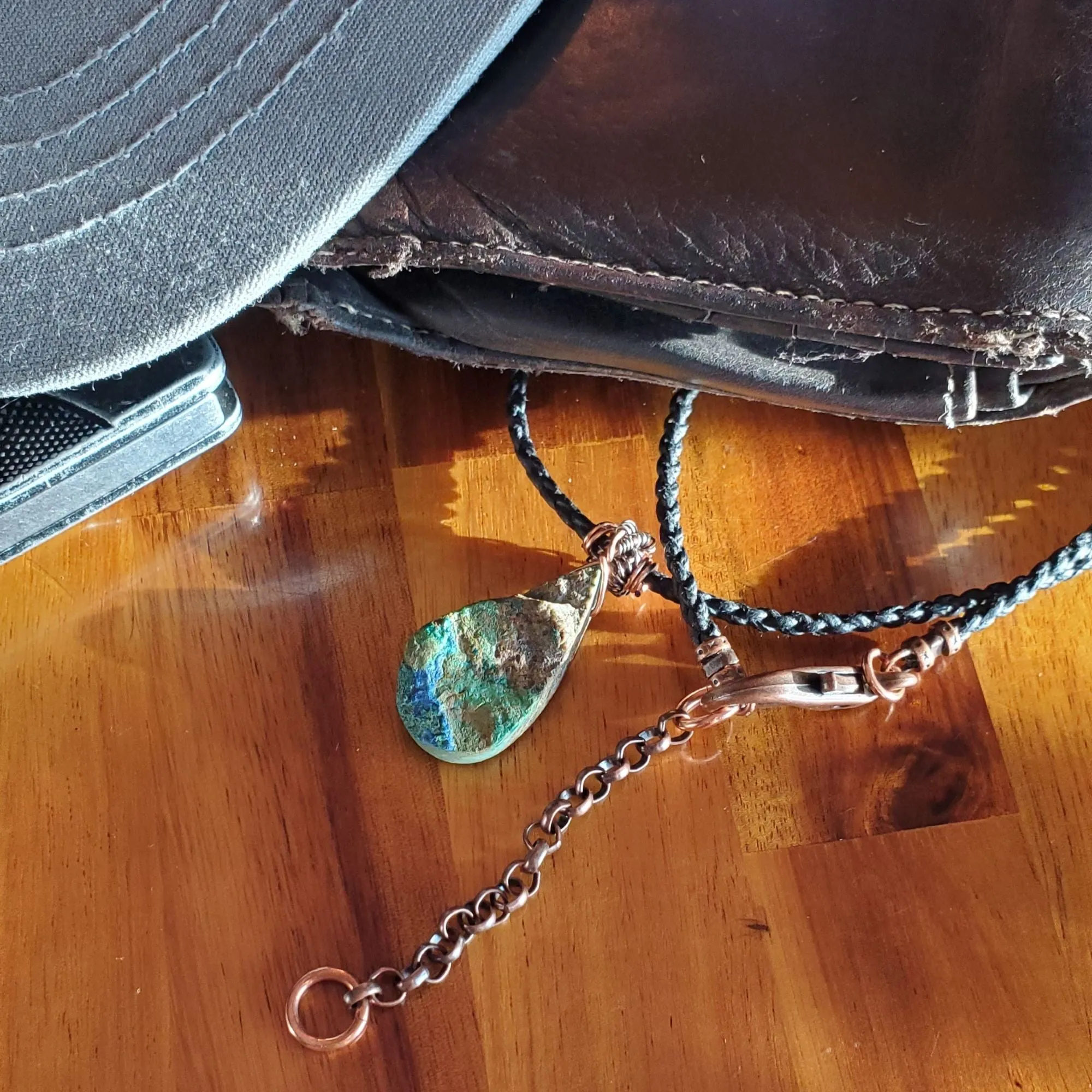 Wire Wrapped Natural Azurite Malachite Drop Vegan Cord Necklace