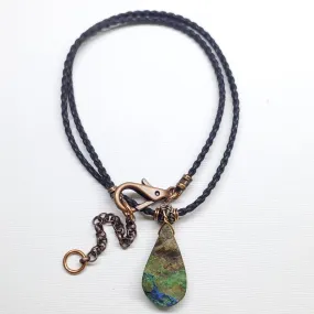 Wire Wrapped Natural Azurite Malachite Drop Vegan Cord Necklace