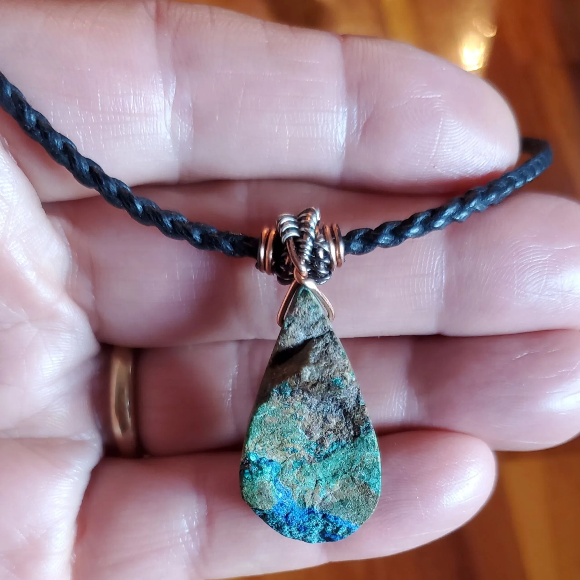 Wire Wrapped Natural Azurite Malachite Drop Vegan Cord Necklace