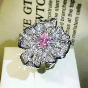 Women Diamond Flower Fashion Ring Female Opening