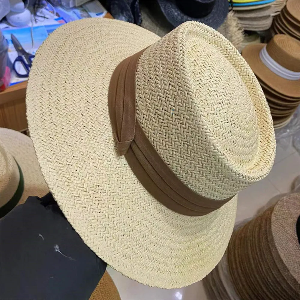 Women Fashion Summer Flat Top Straw Hat Sun Hat Travel Beach Cap