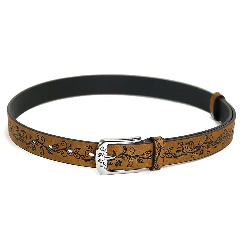 Women's Embossed Leaves Flowers Pattern Leather Belt