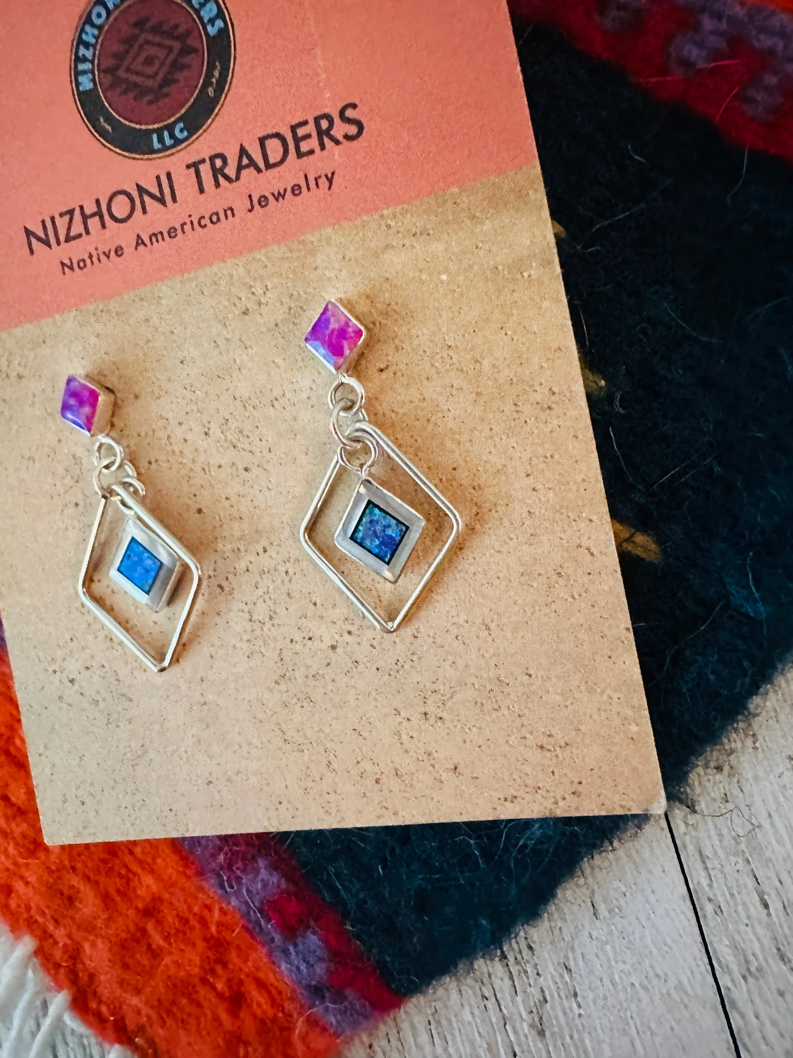 Zuni Sterling Silver & Purple Opal Diamond Dangle Earrings